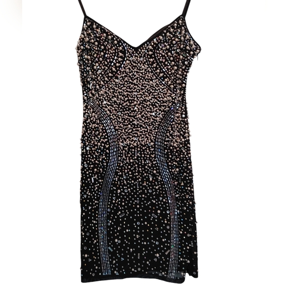 Black Rhinestone Pearl Bodycon Dress with spaghetti Strap - Picture 2 of 8